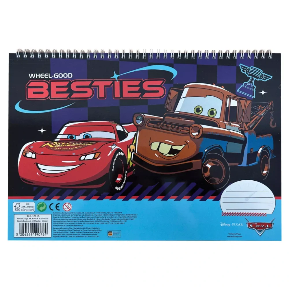Špirálový skicár + nálepky CARS besties