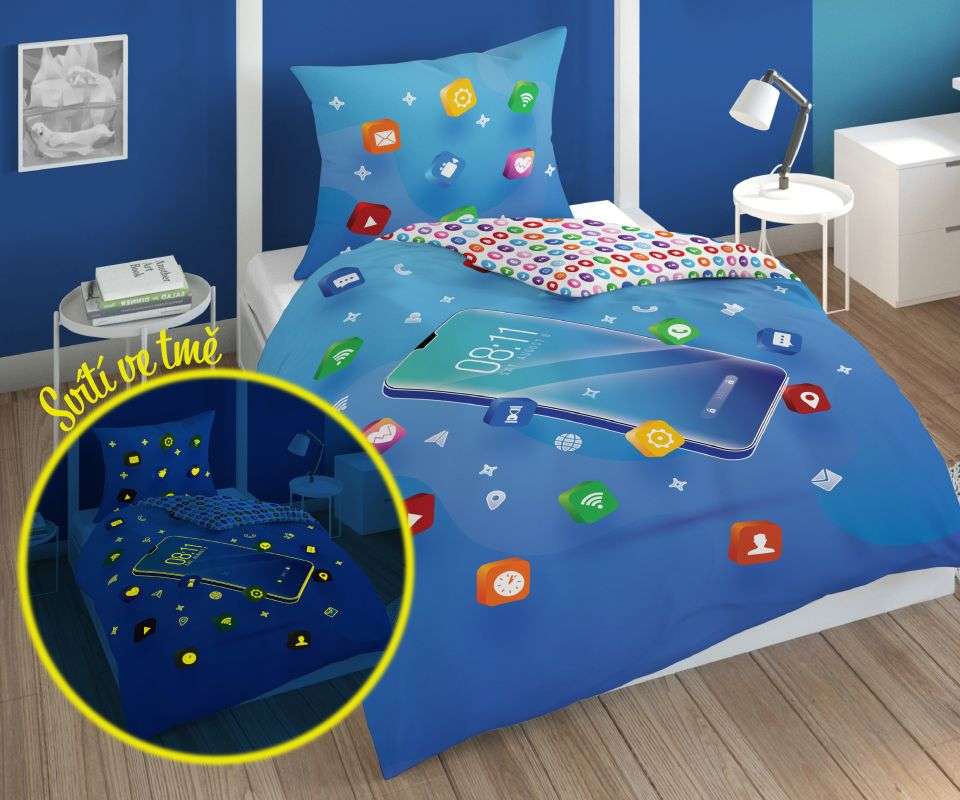 Detské obliečky 140x200 MOBIL modré- svietiace