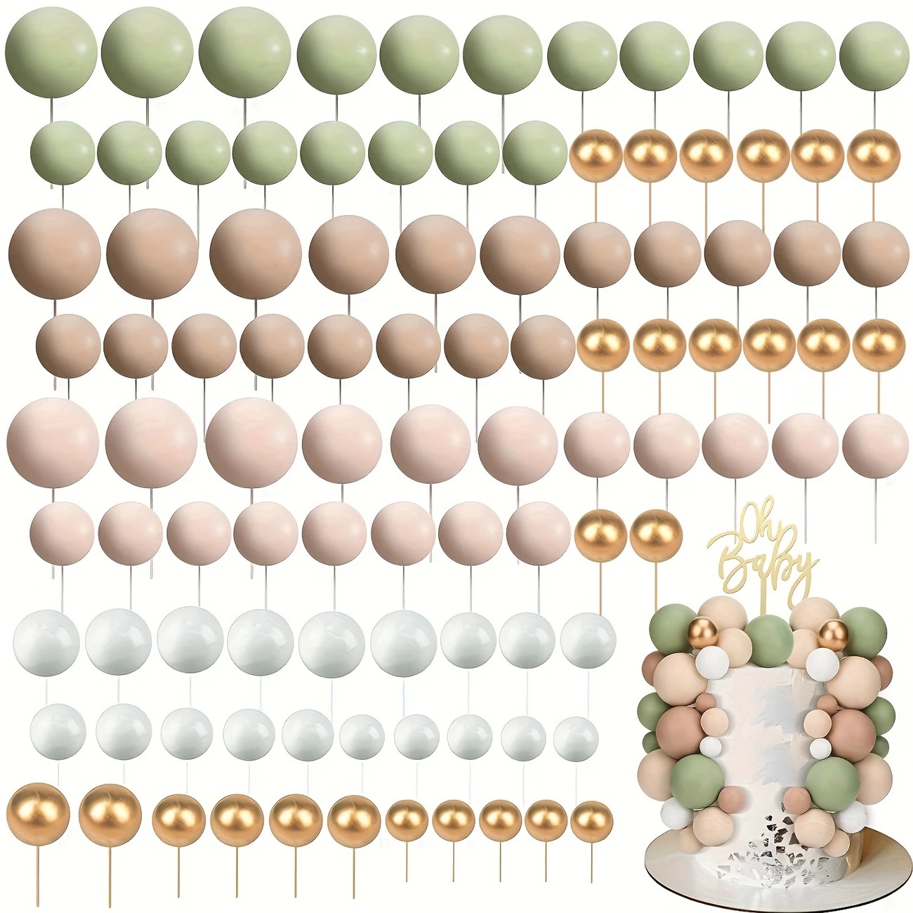 Tortový zápich GULIČKY béžová + zelená pastel(108ks)