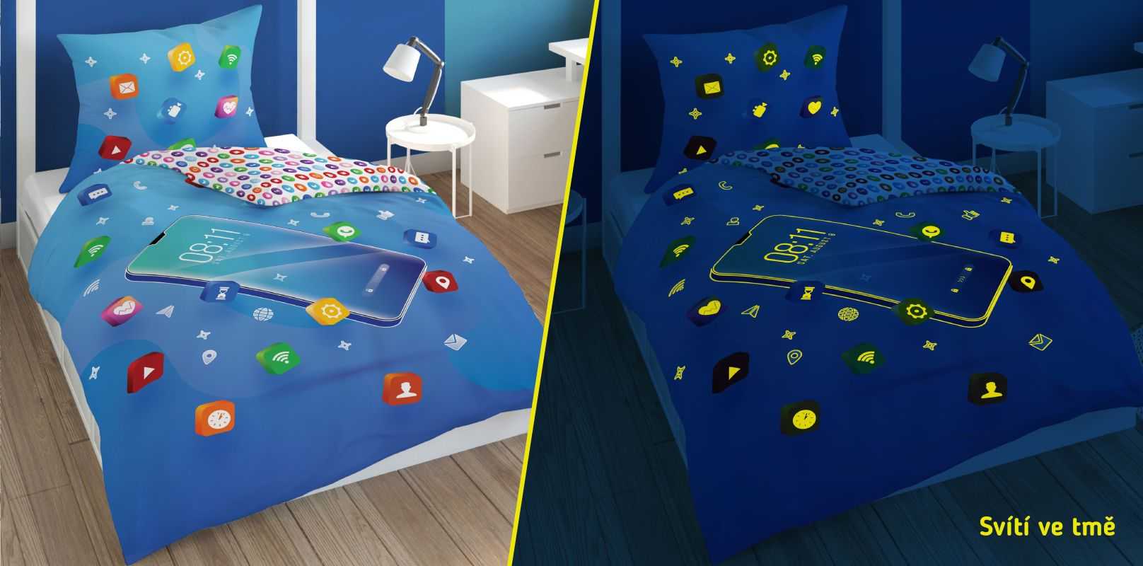 Detské obliečky 140x200 MOBIL modré- svietiace