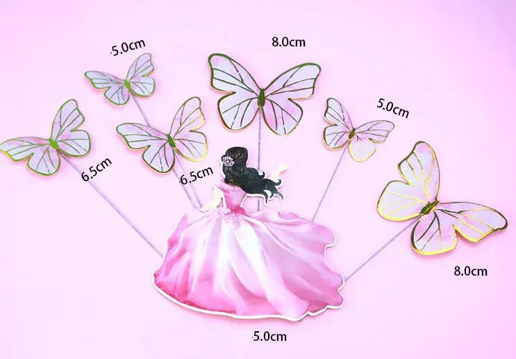 Tortový zápich SLEČNA + MOTÝLE ružová (12ks)